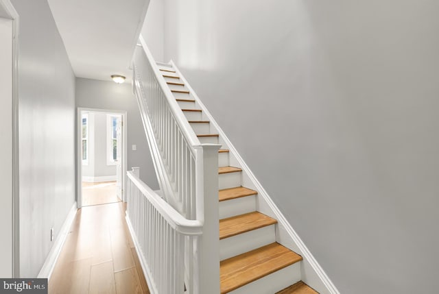 stairway featuring hardwood / wood-style flooring