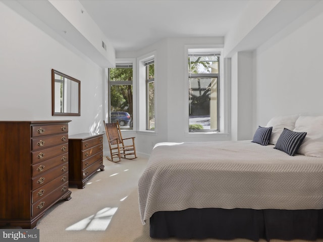 bedroom with light colored carpet