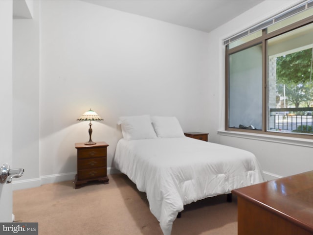 bedroom with light carpet