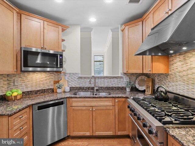 kitchen with a sink, appliances with stainless steel finishes, under cabinet range hood, and dark stone counters