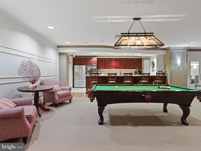 rec room featuring light colored carpet, crown molding, and billiards