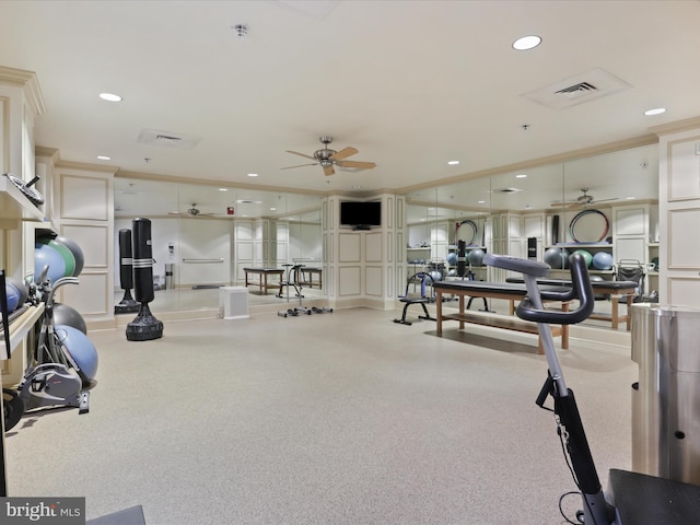 workout area with ceiling fan