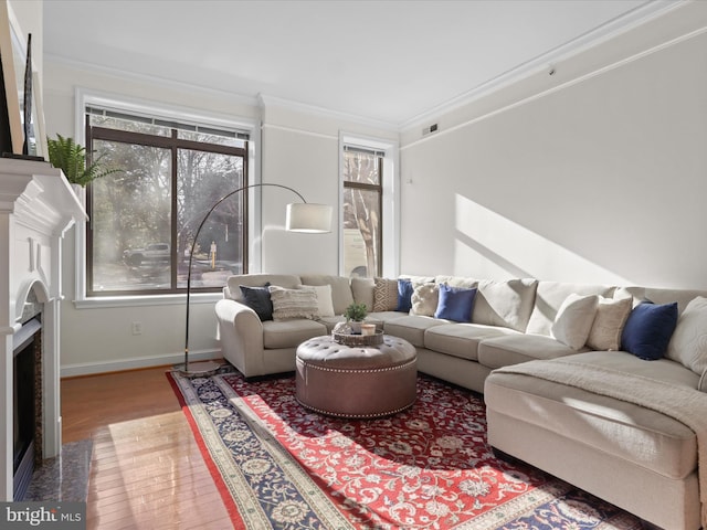 living area with visible vents, wood finished floors, baseboards, ornamental molding, and a premium fireplace