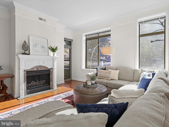 living room with wood-type flooring, crown molding, and a premium fireplace