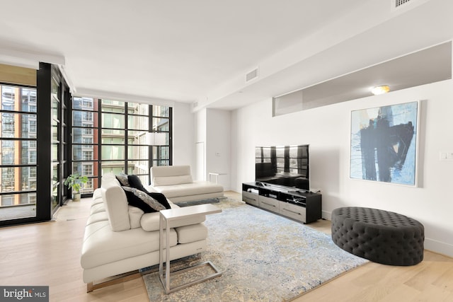 living room with light hardwood / wood-style floors and floor to ceiling windows