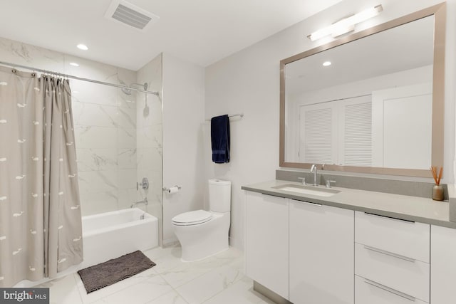 full bathroom with vanity, toilet, and shower / bathtub combination with curtain