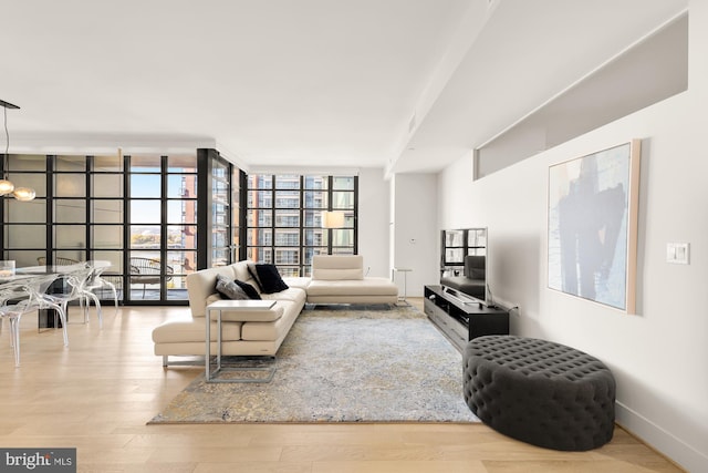 living room with light hardwood / wood-style flooring and a wall of windows