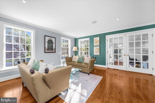 living room with french doors, a healthy amount of sunlight, and wood-type flooring