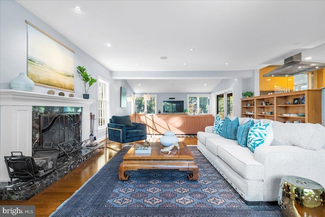 living room with a premium fireplace and dark wood-type flooring