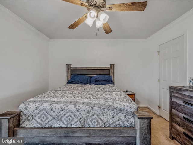 bedroom featuring ceiling fan, light carpet, and ornamental molding