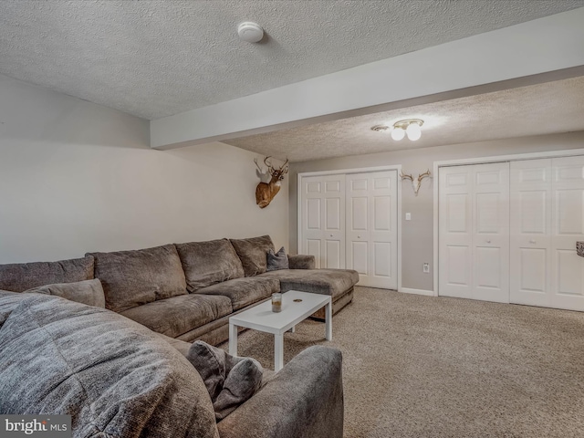 carpeted living room with beamed ceiling and a textured ceiling