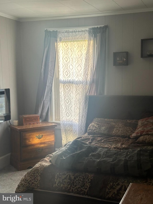 carpeted bedroom featuring crown molding