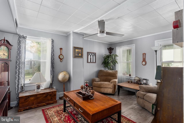 living room featuring ornamental molding, light hardwood / wood-style flooring, and ceiling fan