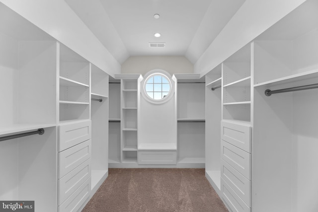 spacious closet featuring lofted ceiling and dark colored carpet