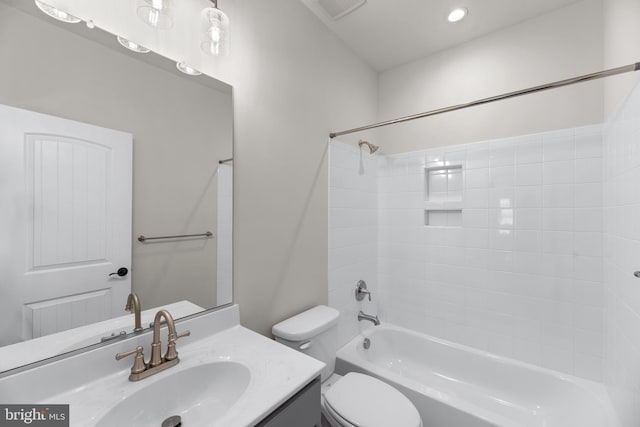 full bathroom with vanity, toilet, and bathing tub / shower combination