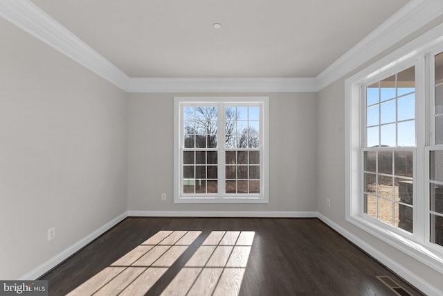 empty room with dark wood-type flooring and crown molding