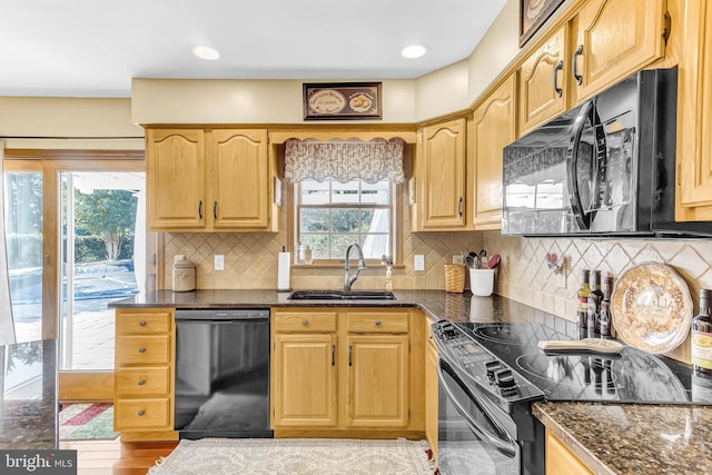 kitchen featuring light hardwood / wood-style floors, a healthy amount of sunlight, black appliances, and sink