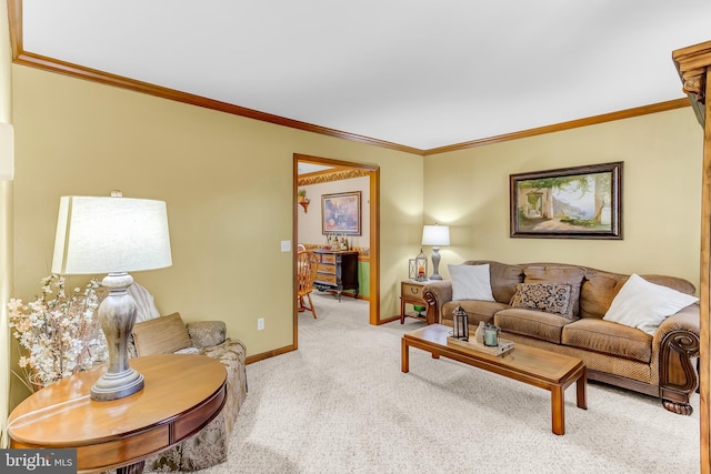 living room with crown molding and light carpet