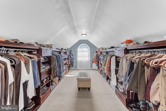 spacious closet featuring lofted ceiling and light carpet