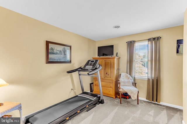 workout area featuring light colored carpet