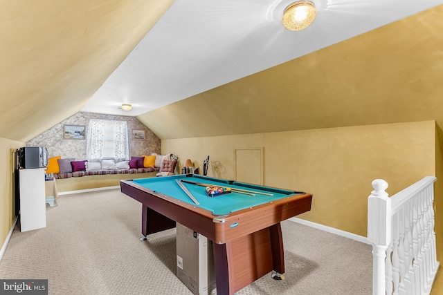 rec room featuring lofted ceiling, light carpet, and billiards