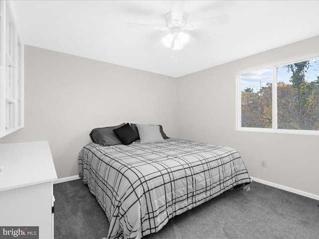 bedroom with ceiling fan and dark colored carpet