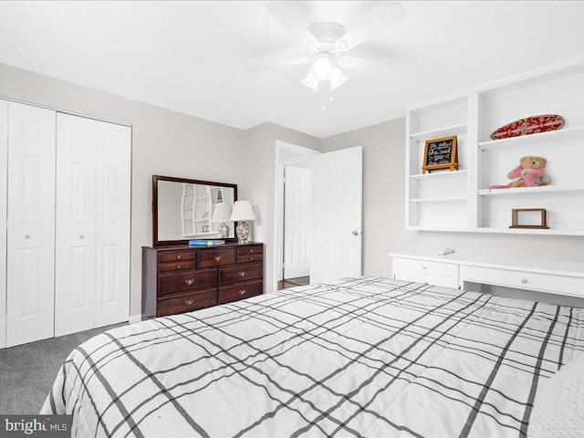 carpeted bedroom with a closet and ceiling fan