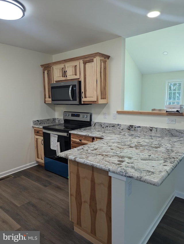 kitchen featuring light stone counters, vaulted ceiling, kitchen peninsula, dark hardwood / wood-style floors, and appliances with stainless steel finishes