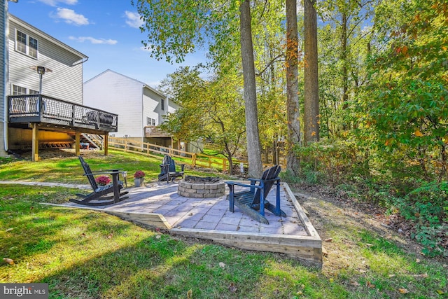 view of patio / terrace featuring an outdoor fire pit and a deck