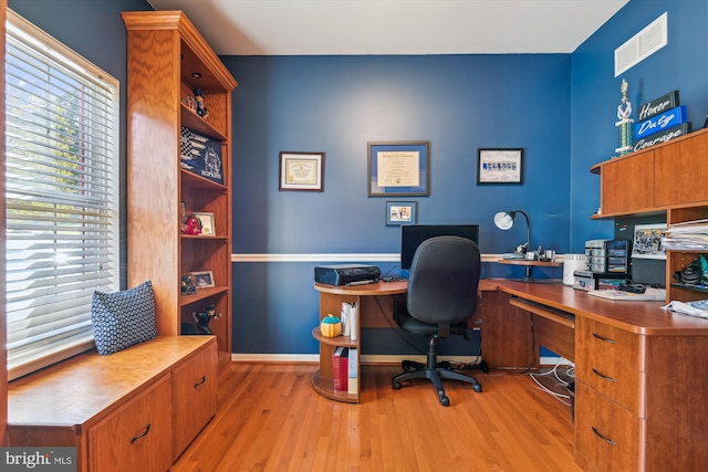 home office featuring light hardwood / wood-style floors