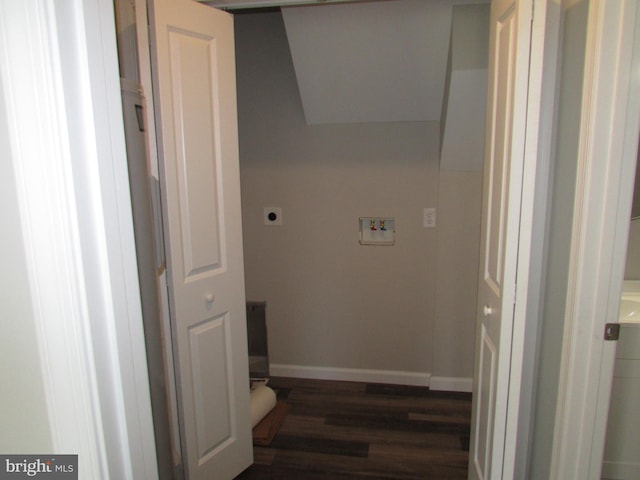 laundry area featuring electric dryer hookup, washer hookup, and dark hardwood / wood-style flooring