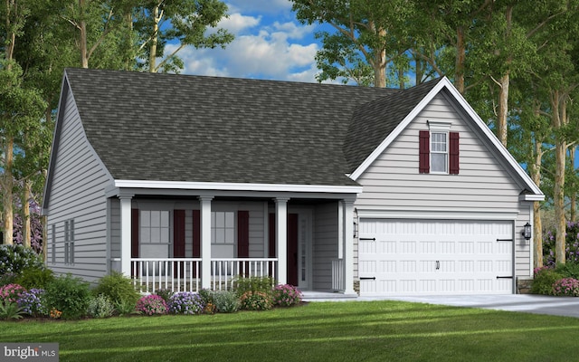 view of front of house with a porch, a front yard, and a garage