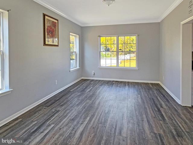 empty room featuring ornamental molding and dark hardwood / wood-style floors