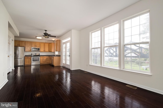 kitchen featuring ceiling fan, stainless steel appliances, sink, and dark hardwood / wood-style floors