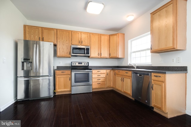 kitchen with appliances with stainless steel finishes, light brown cabinetry, and dark hardwood / wood-style flooring