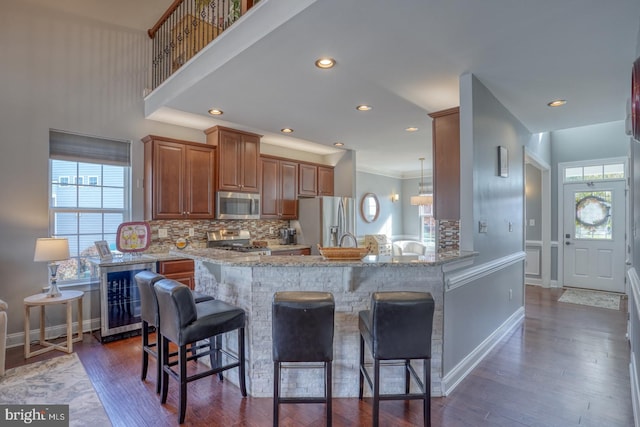 kitchen featuring kitchen peninsula, appliances with stainless steel finishes, dark hardwood / wood-style flooring, and plenty of natural light