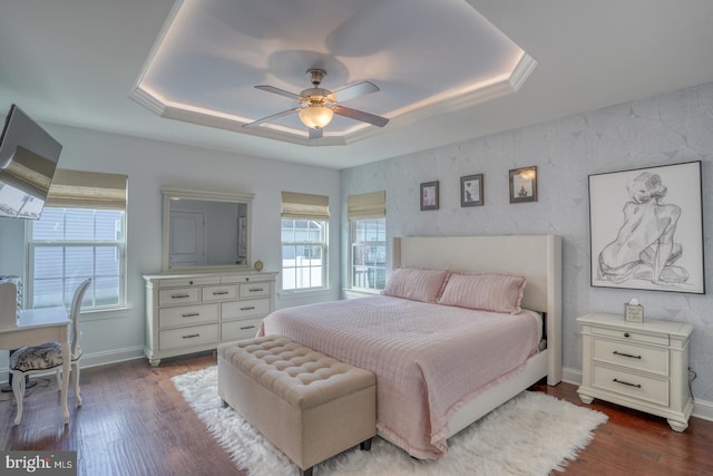 bedroom with ceiling fan, a raised ceiling, multiple windows, and dark hardwood / wood-style flooring