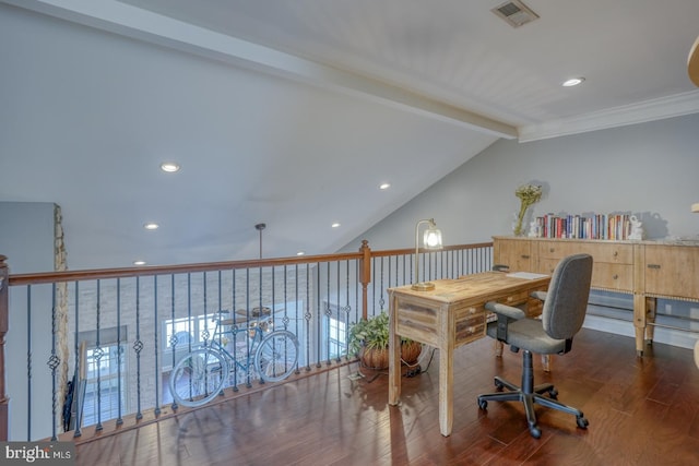 office area with dark wood-type flooring, lofted ceiling with beams, and ornamental molding