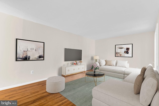 living room featuring wood finished floors and baseboards