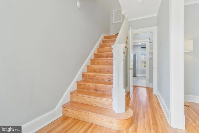 stairs with hardwood / wood-style floors