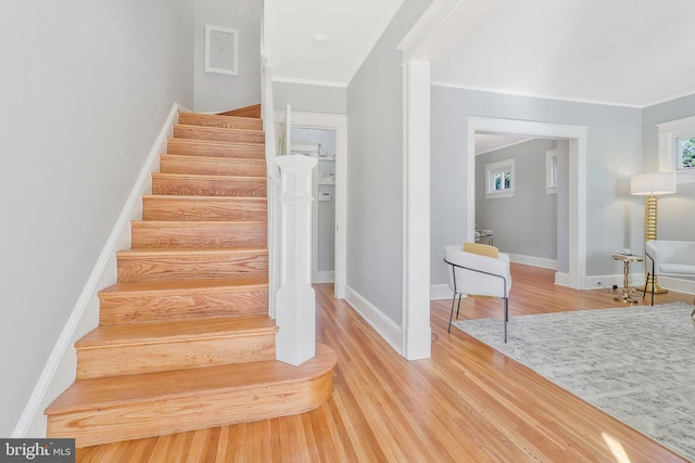 stairs with hardwood / wood-style flooring