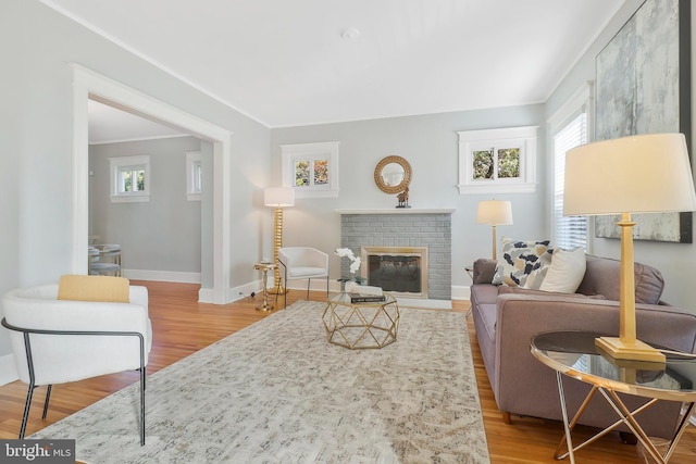 living room with ornamental molding, light hardwood / wood-style flooring, and a fireplace