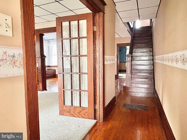 hallway featuring dark hardwood / wood-style floors and a drop ceiling