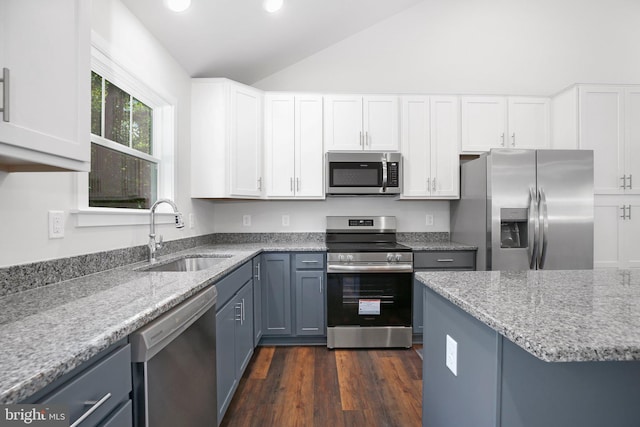 kitchen featuring lofted ceiling, sink, dark hardwood / wood-style flooring, white cabinetry, and stainless steel appliances