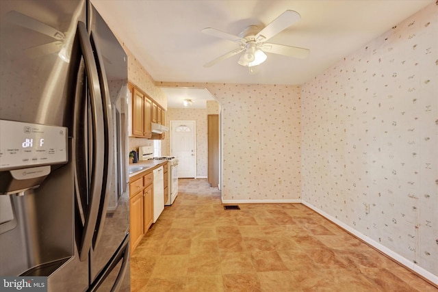 kitchen with ceiling fan and white appliances