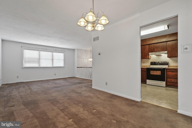 interior space with a chandelier and light colored carpet