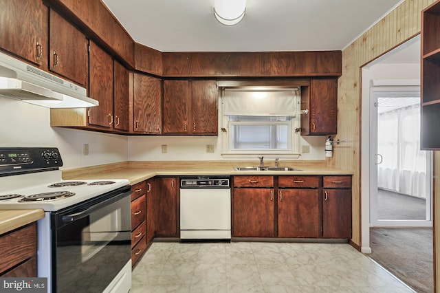 kitchen featuring light colored carpet, sink, and white appliances