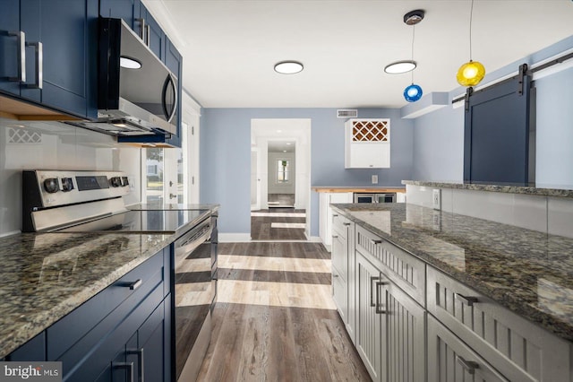 kitchen with hardwood / wood-style floors, a barn door, blue cabinetry, appliances with stainless steel finishes, and decorative light fixtures