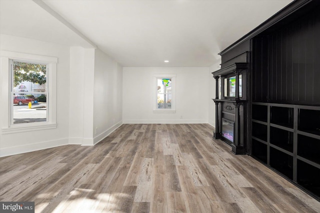 unfurnished living room with wood-type flooring and a wealth of natural light