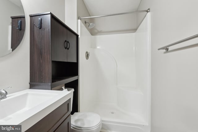 bathroom with vanity, toilet, and a shower